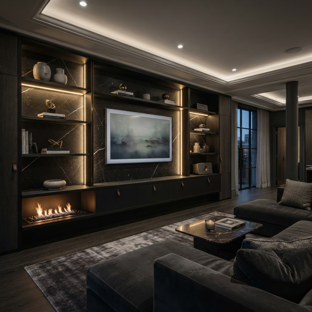 Dramatic full-width luxury media wall.