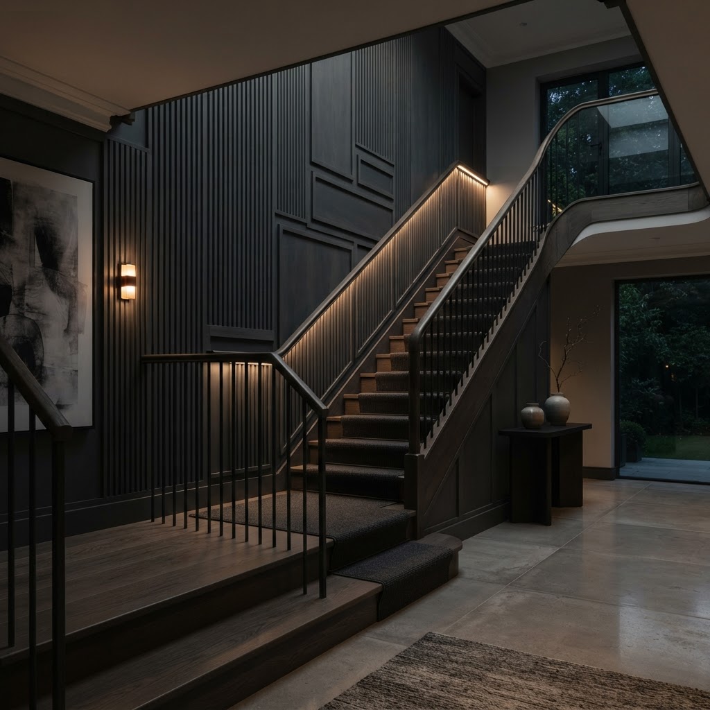 Staircase wall with decorative panelling.