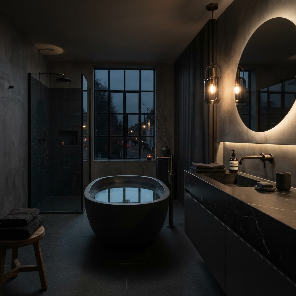 Dramatic dark bathroom.