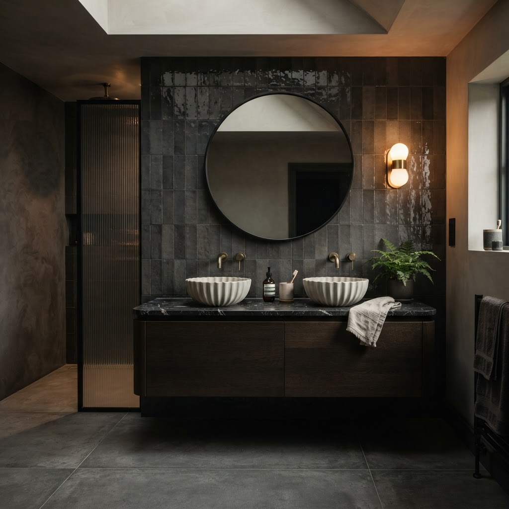 Feature tiled wall behind vanity.