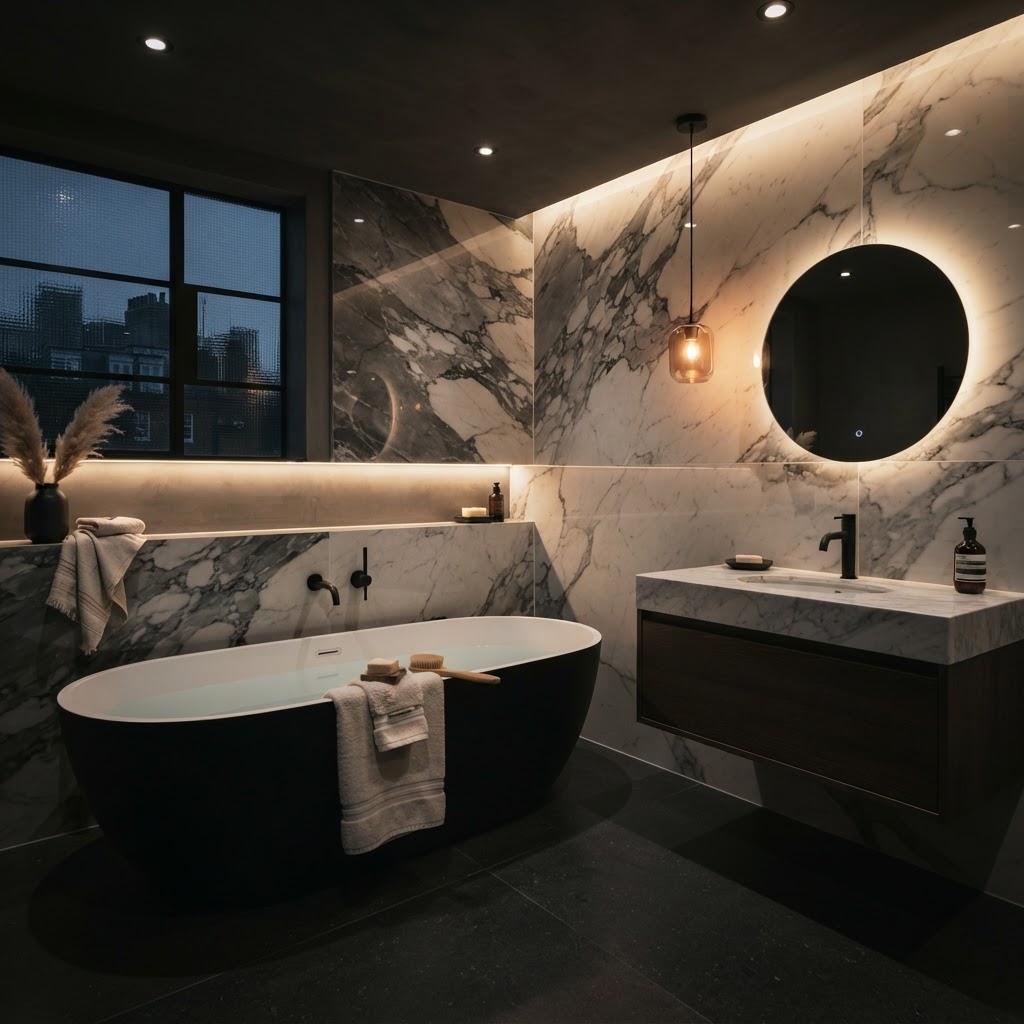 Marble-effect wall behind bath or basin.