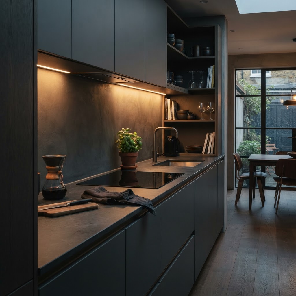 Contemporary laminate worktop in finished kitchen.