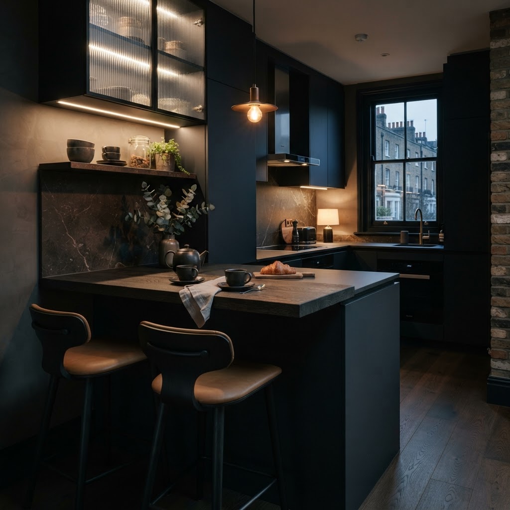 Small contemporary breakfast bar in compact kitchen.