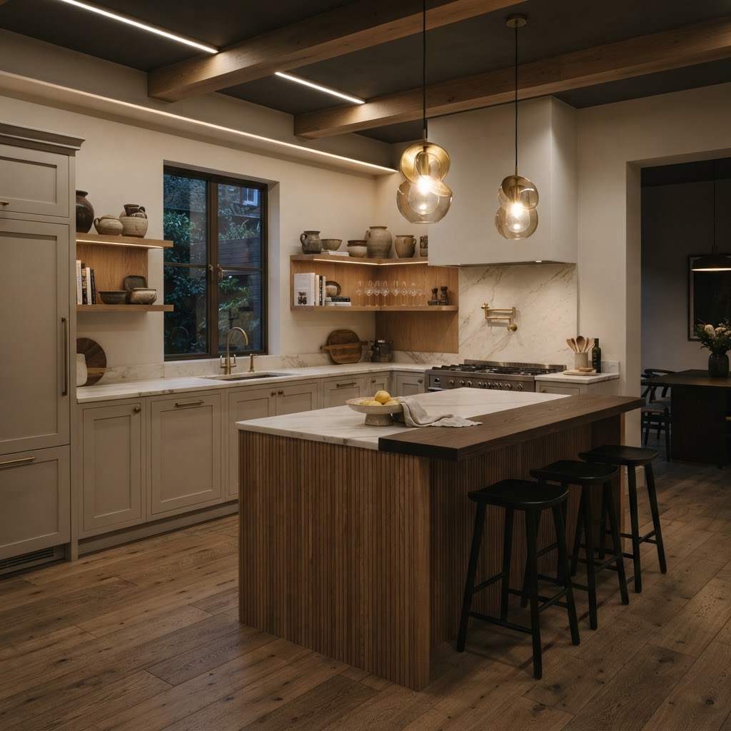 Light neutral kitchen with timber accents.