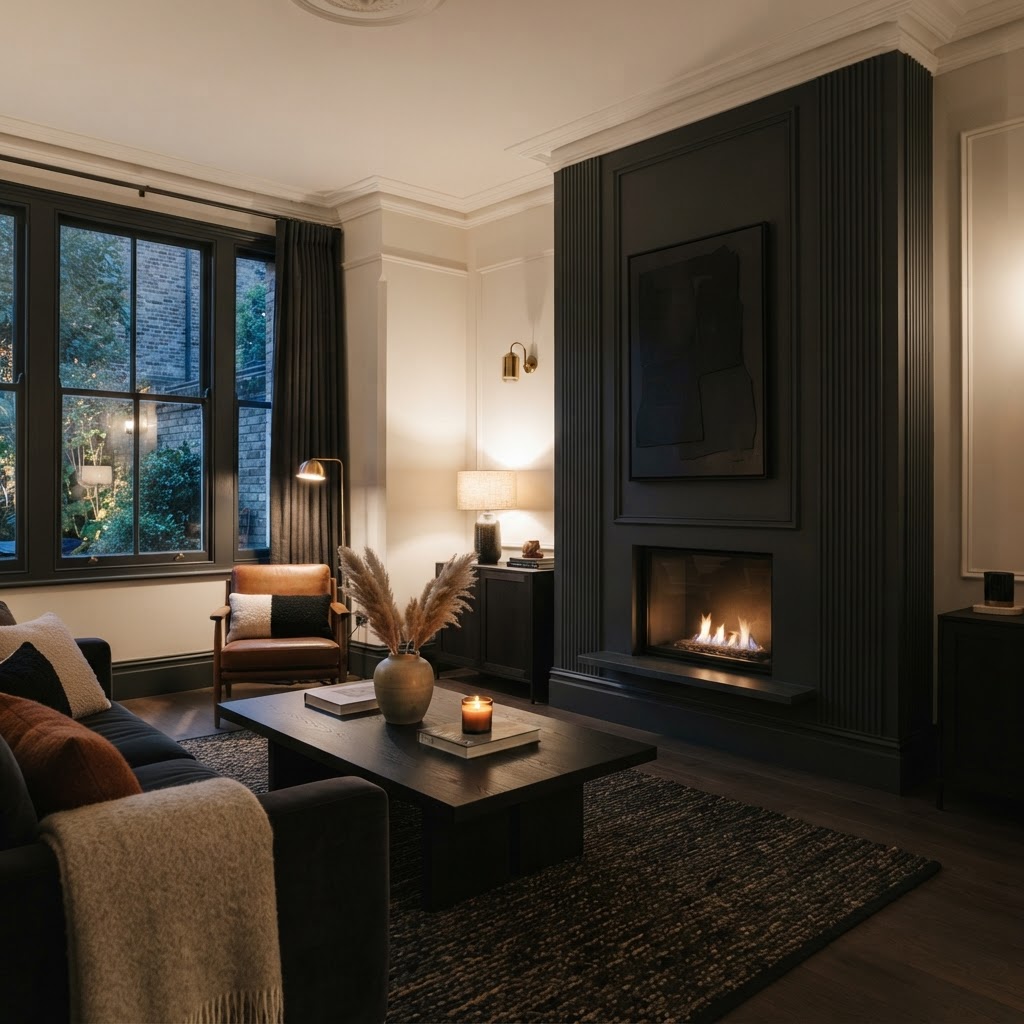 Living room with statement panelled wall.
