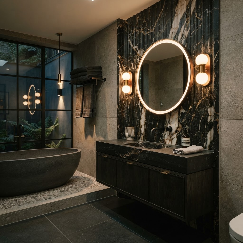 Bath or vanity framed by stone/marble-effect wall.