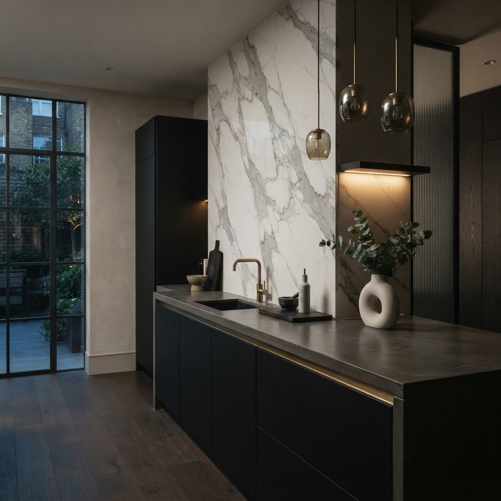 Seamless marble-effect splashback panel.