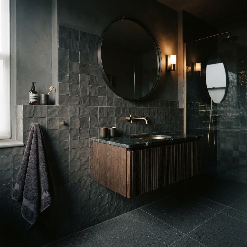 Elegant tiled bathroom wall.
