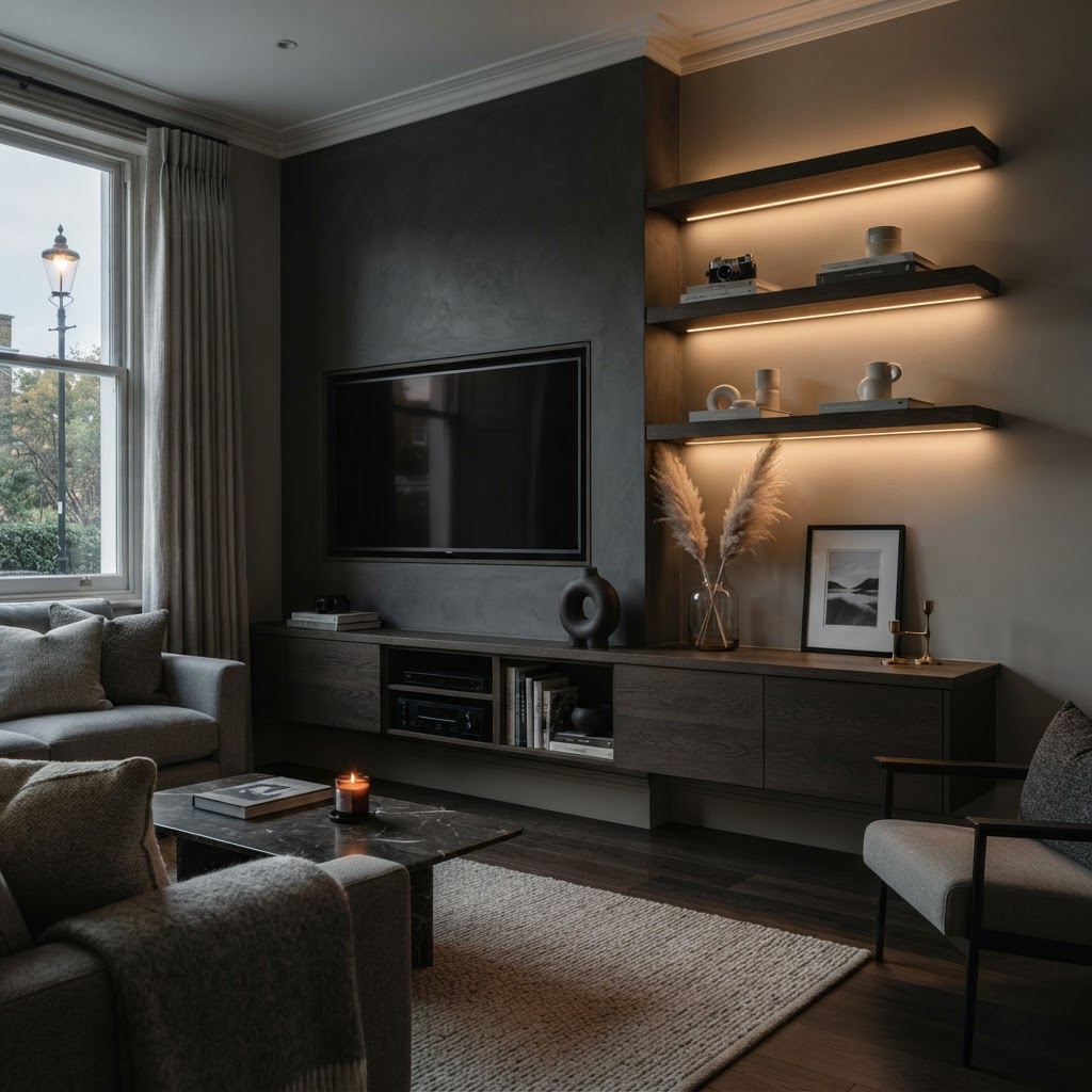 Floating shelves beside a media wall with carefully styled décor.