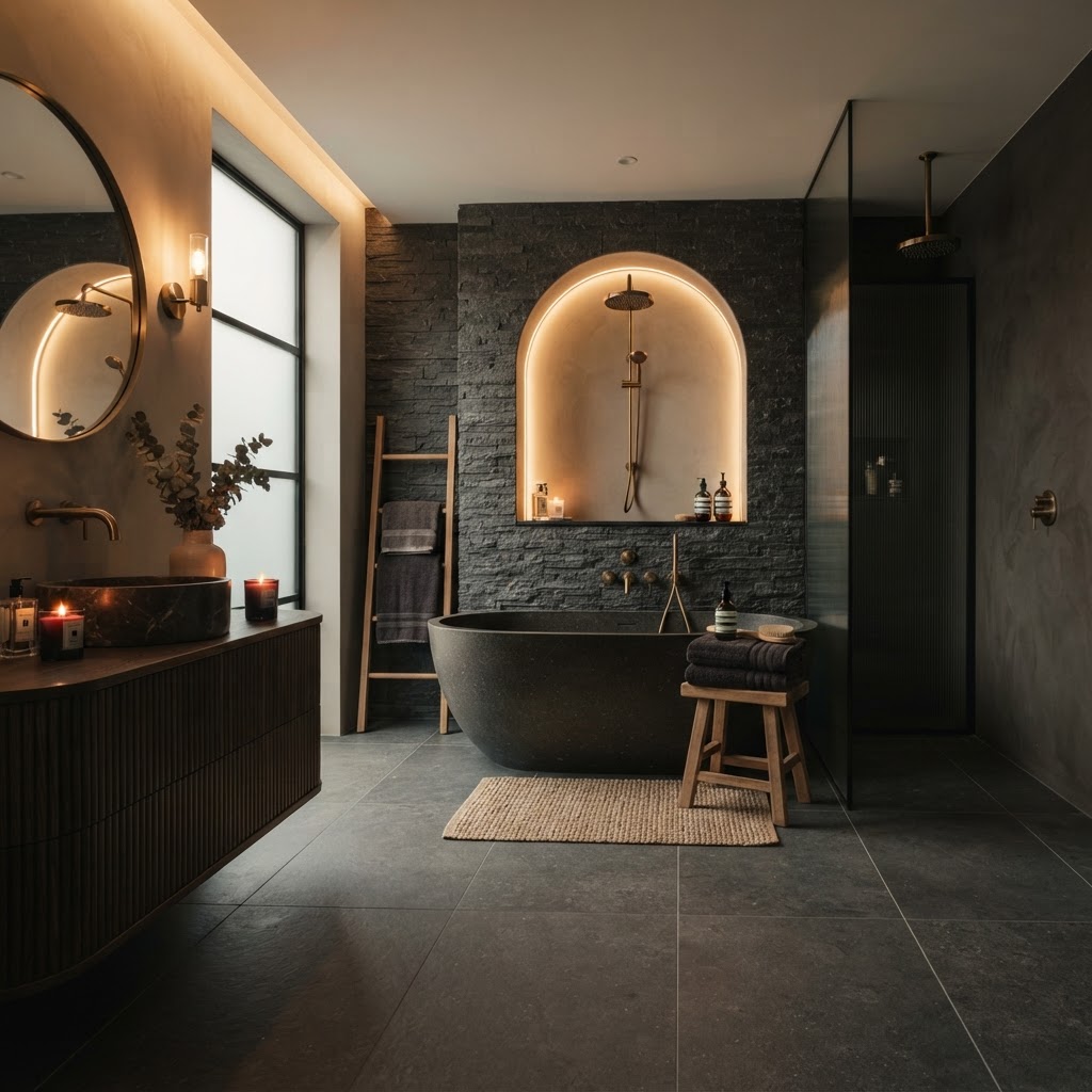Warm spa-inspired bathroom.