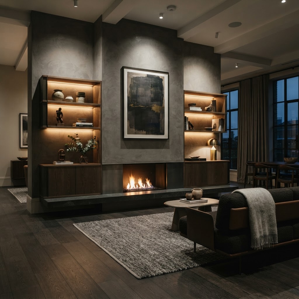 Fireplace-focused feature wall with shelving and ambient lighting, no television.