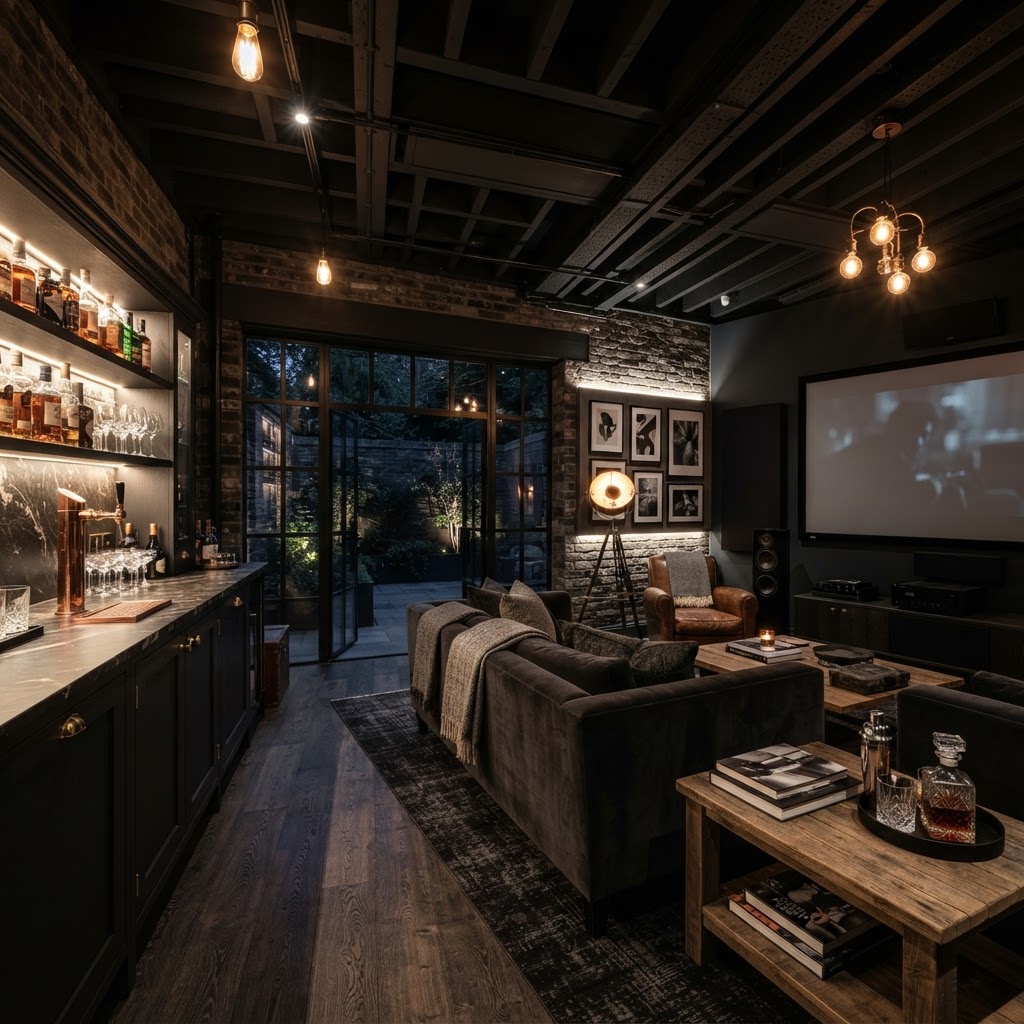 Converted garage as atmospheric entertainment lounge.