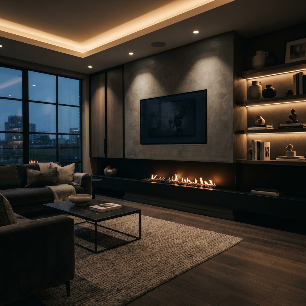 TV and linear fireplace composition.