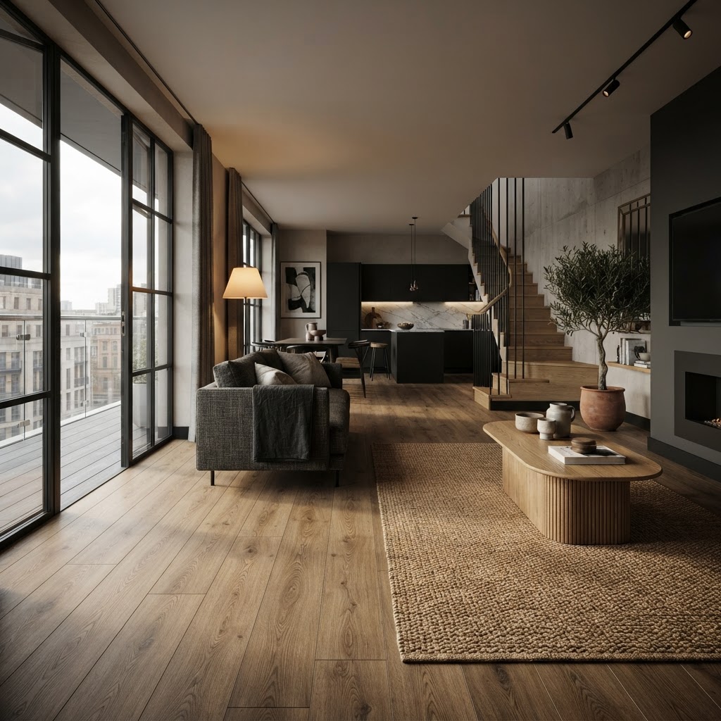 Premium oak-effect laminate flowing through contemporary living room.