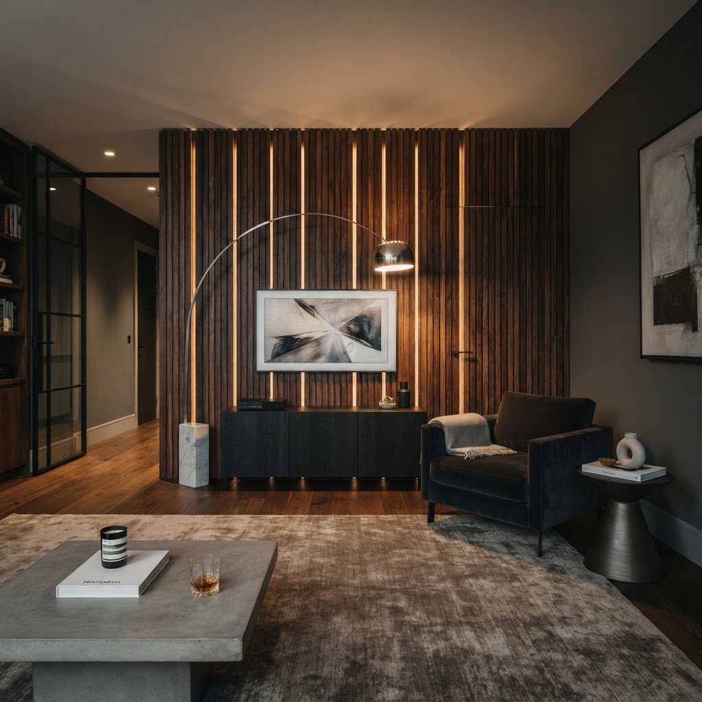 Warm timber slatted feature wall with modern furniture and subtle lighting.