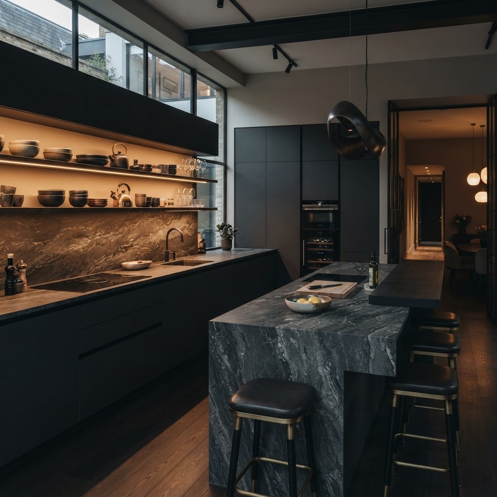 Finished kitchen with elegant stone-effect/stone worktop.