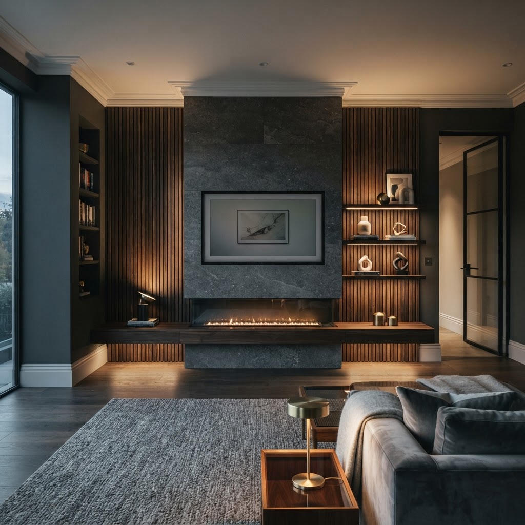 Statement media wall combining stone-effect centre, timber/slatted details and painted surfaces.