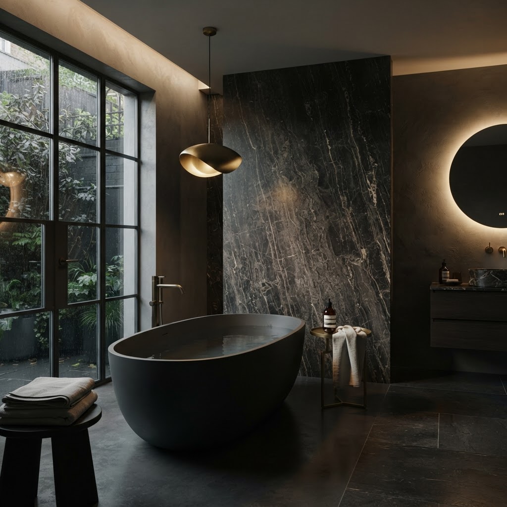Contemporary bath with coordinated decorative panel.