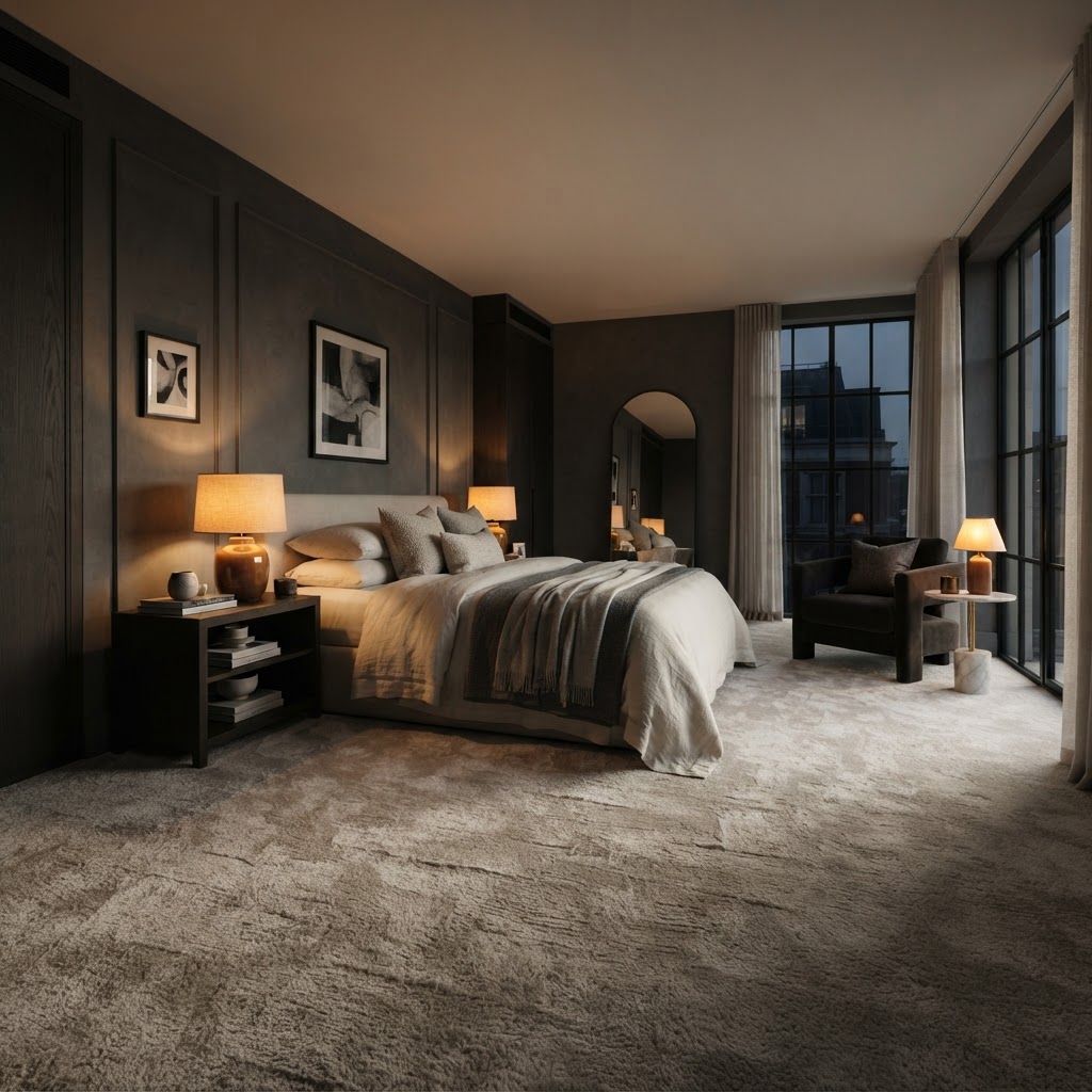 Plush neutral carpet in sophisticated bedroom or lounge.