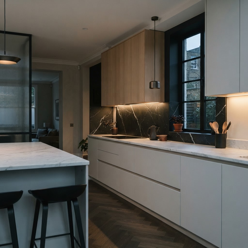 Dark dramatic splashback against light kitchen.