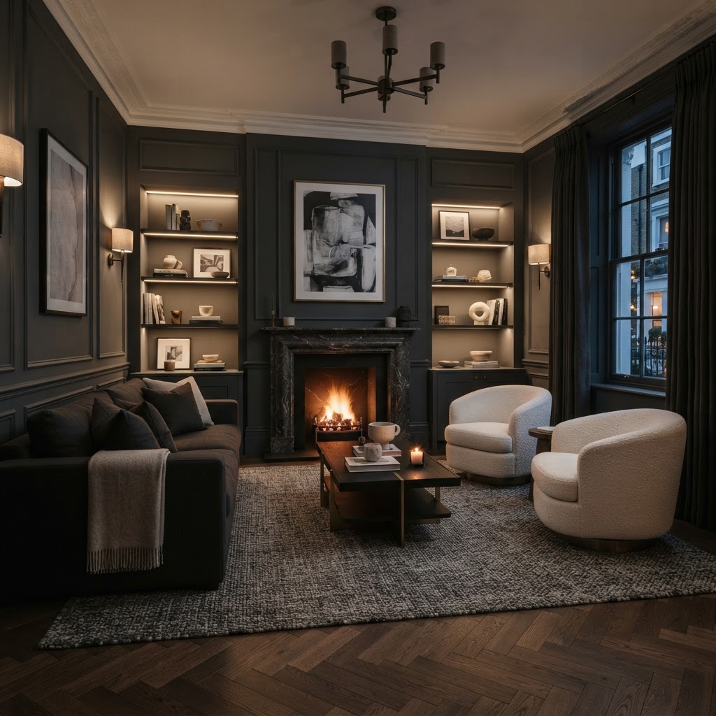 Sophisticated living room with symmetrical picture-frame wall panelling.