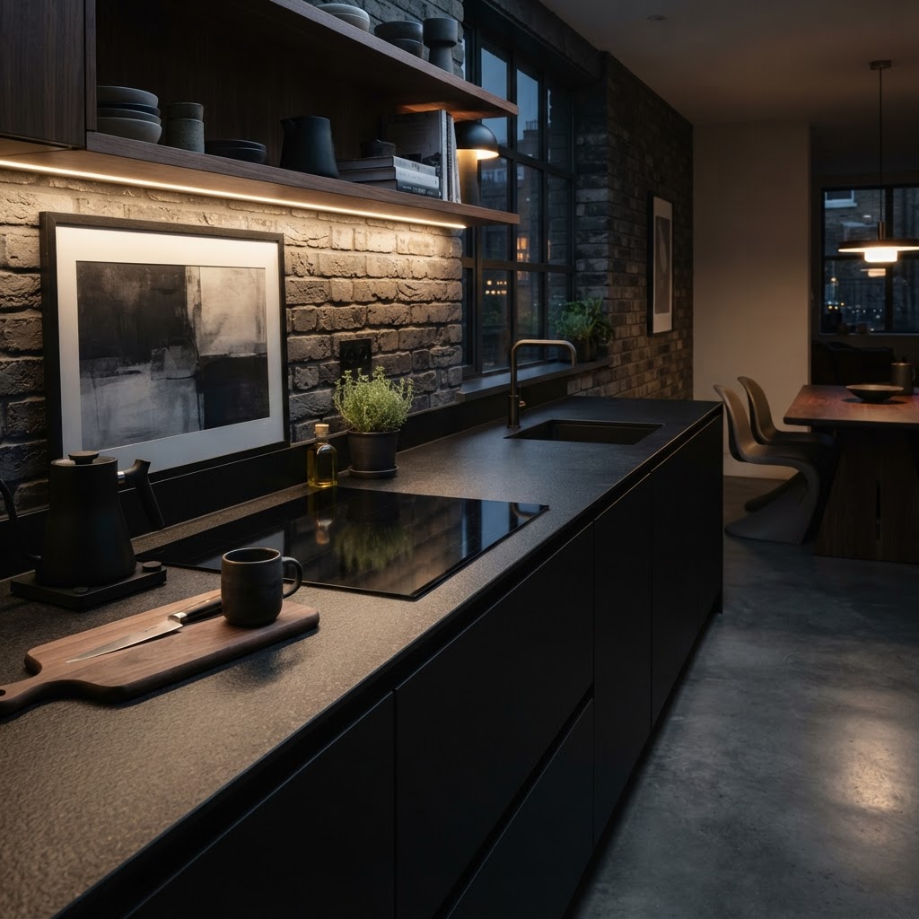 Thin-profile dark compact laminate worktop.