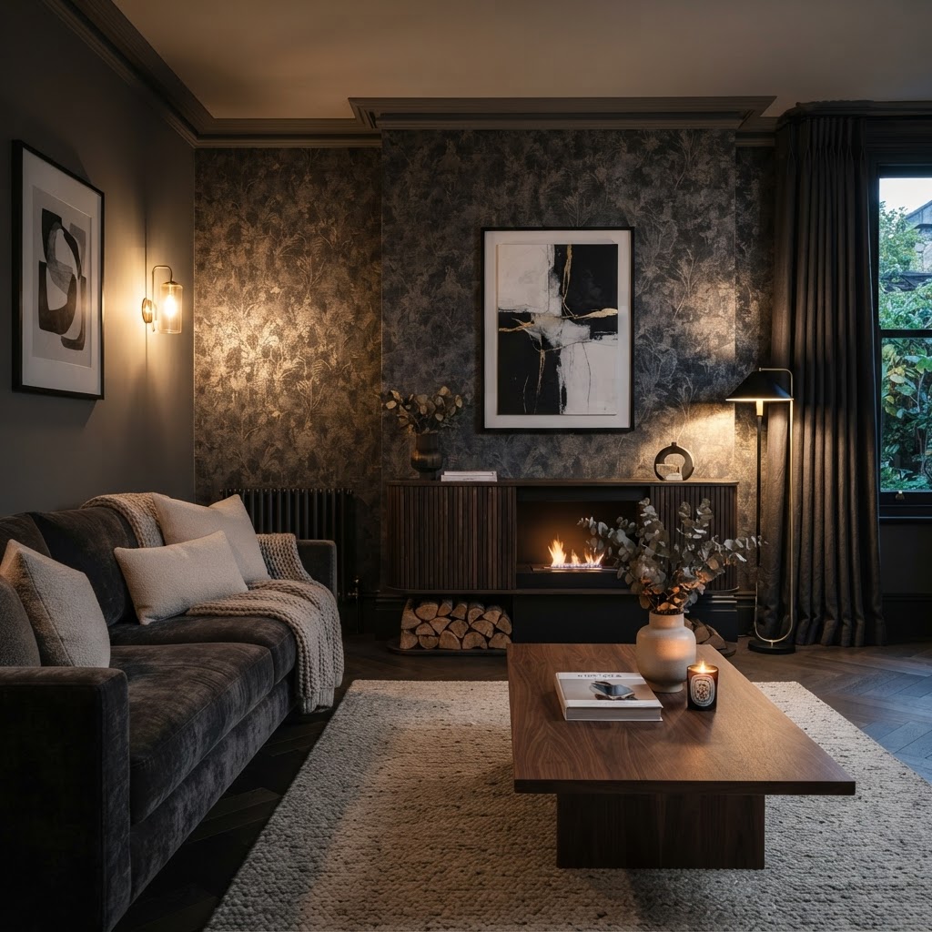Premium bedroom or living room with design-led wallpaper feature.