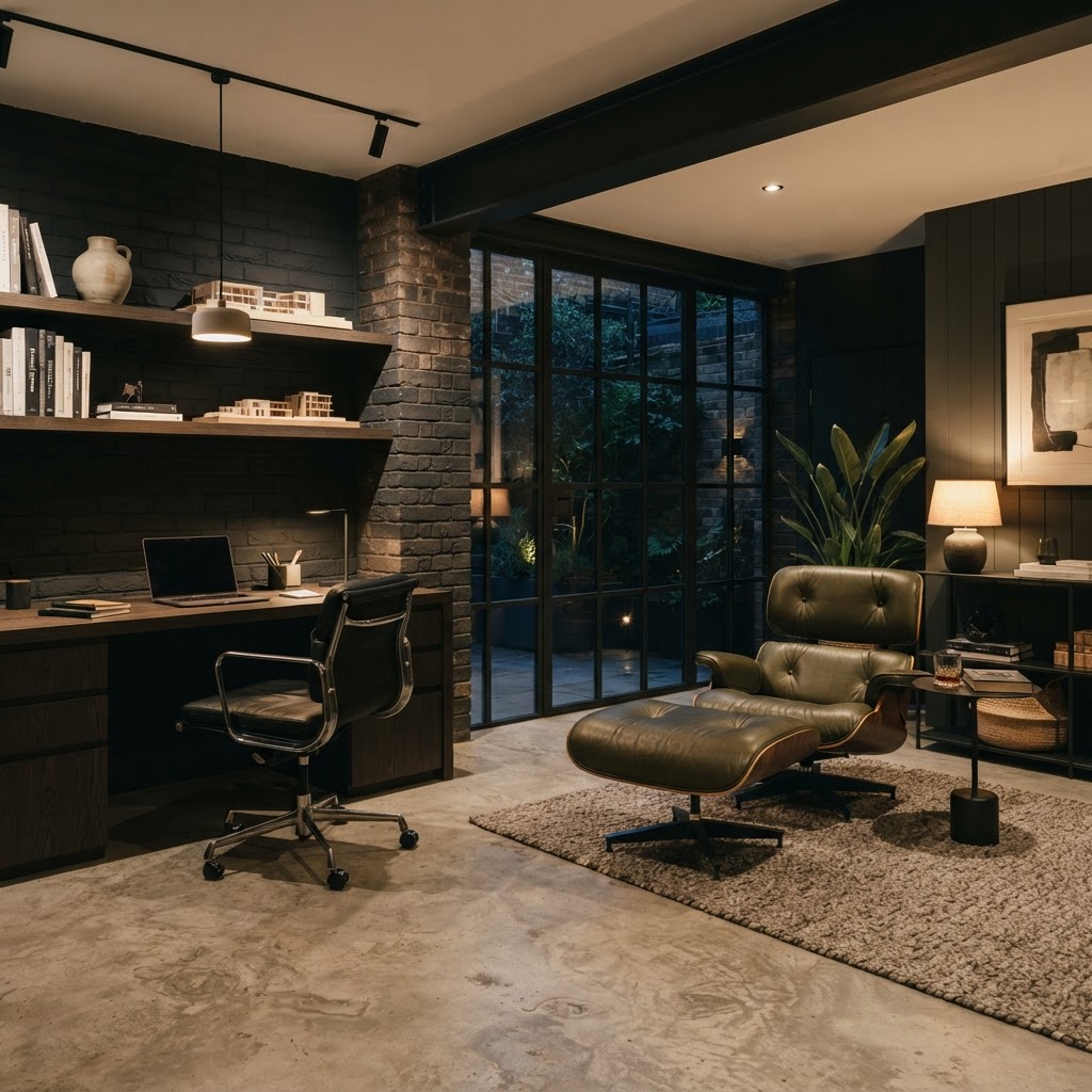 Office zone and lounge chair area within one converted garage.