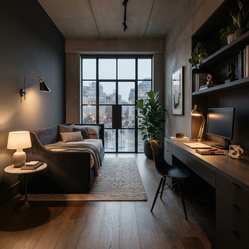 Multifunctional stylish room with sofa bed/daybed and desk.