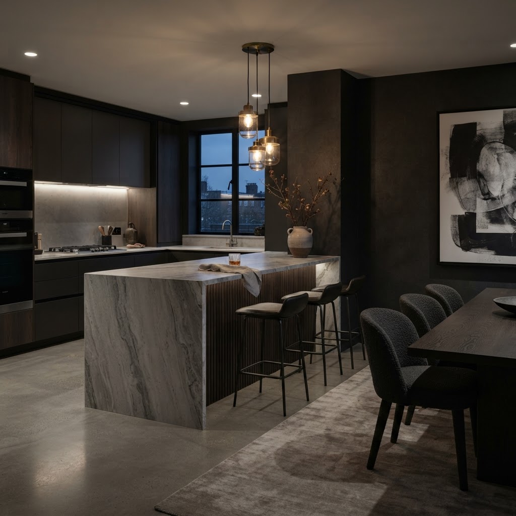 Peninsula separating kitchen from dining space.