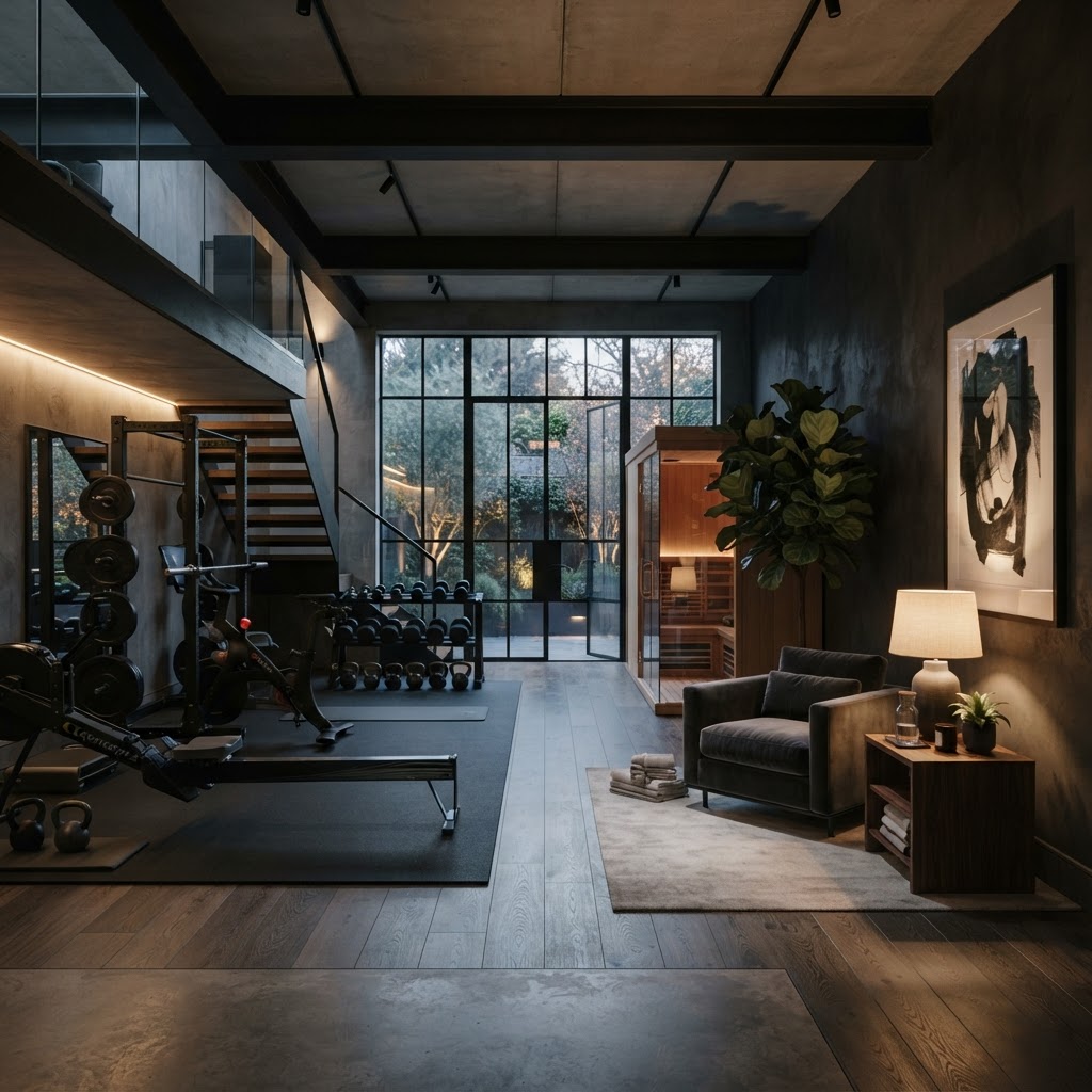 Zoned home gym with exercise and relaxation areas.