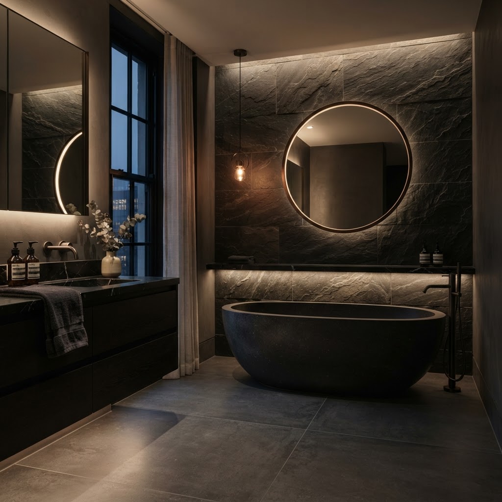 Bath against dramatic feature wall.