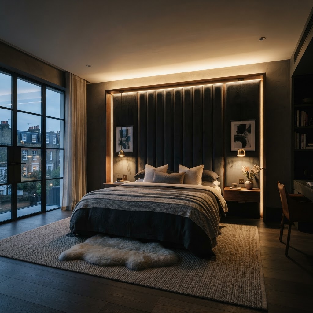 Bedroom with full-width headboard feature wall.