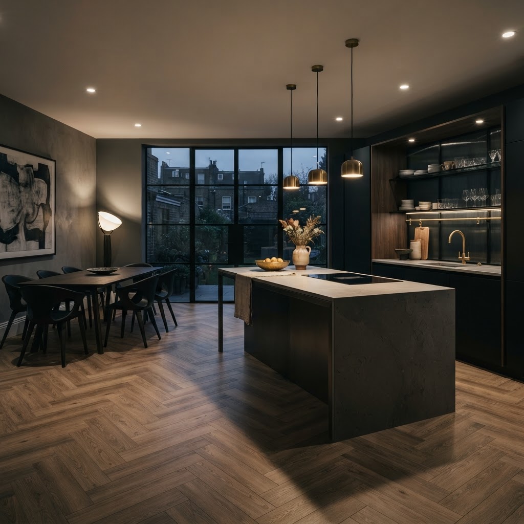 Modern LVT floor through kitchen/dining interior.