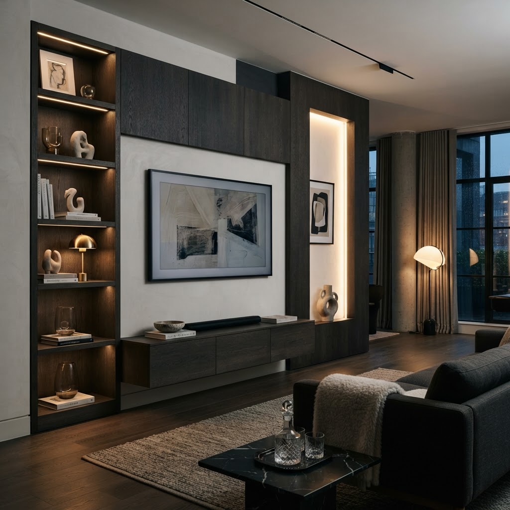 Asymmetric media wall with shelving on one side and illuminated niche on the other.