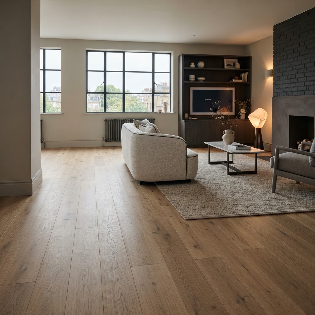 Light oak-effect floor in airy neutral room.