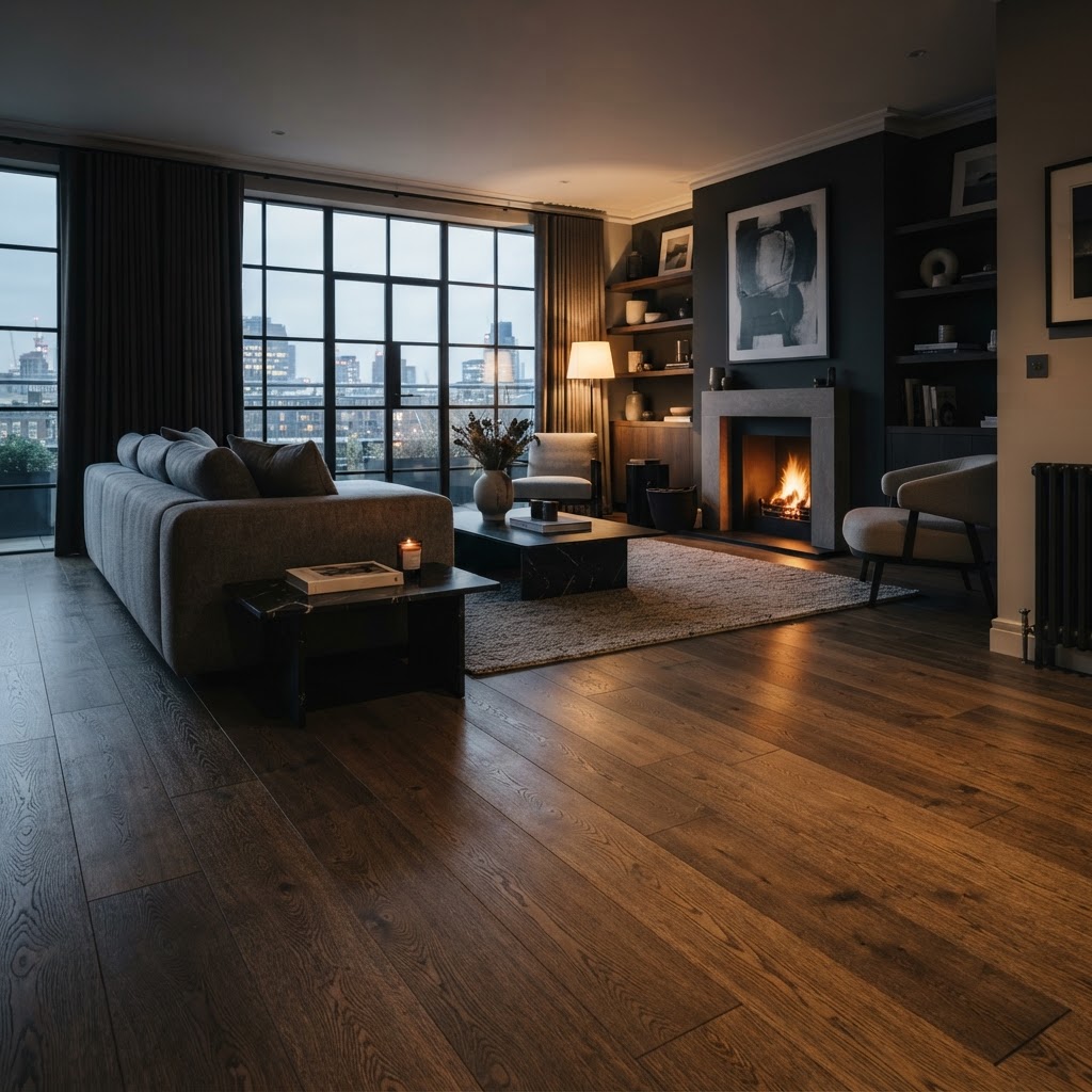 Rich engineered timber floor in premium living room.