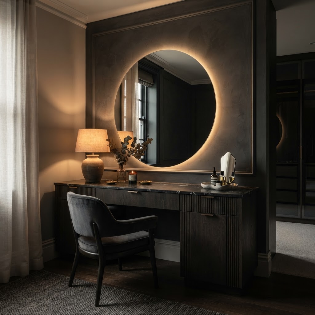 Vanity with large feature mirror and ambient lighting.