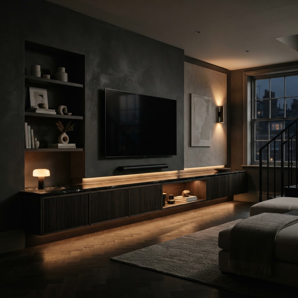 Simple neutral TV media wall.