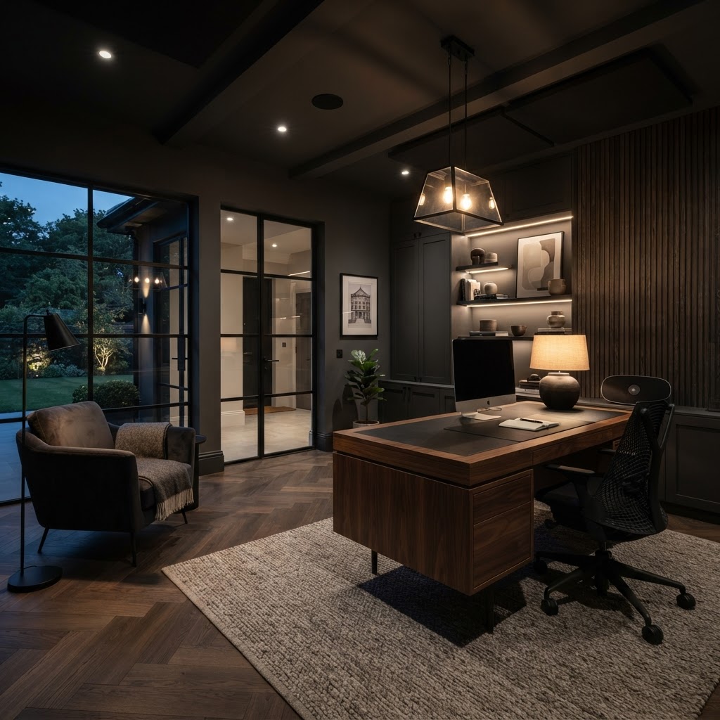 Finished garage converted into sophisticated home office.