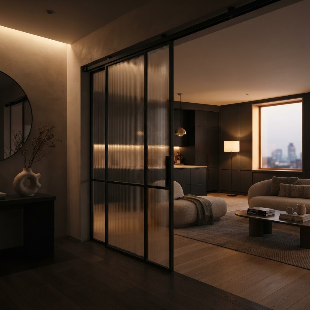 Contemporary sliding internal door in design-led interior.