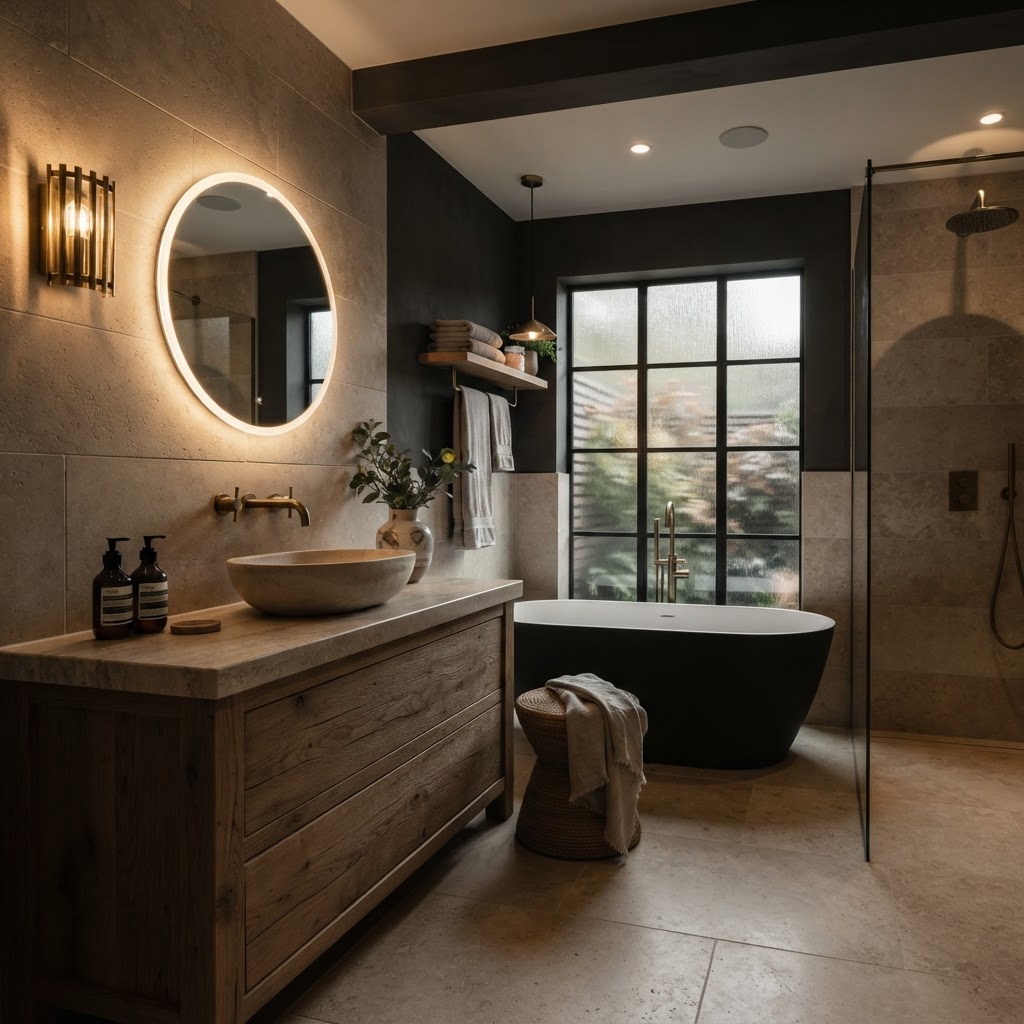 Warm neutral bathroom with natural-looking vanity.