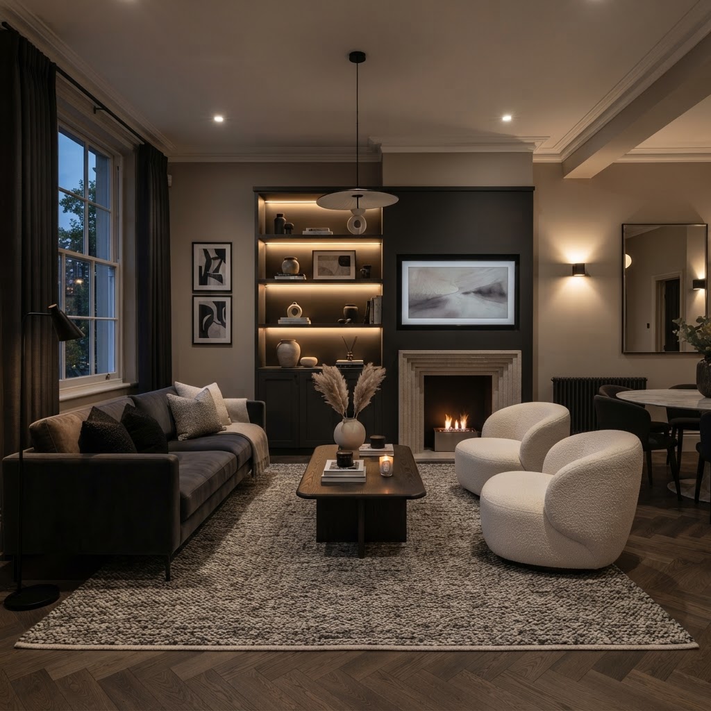 Freshly decorated contemporary living room with cohesive colour scheme.