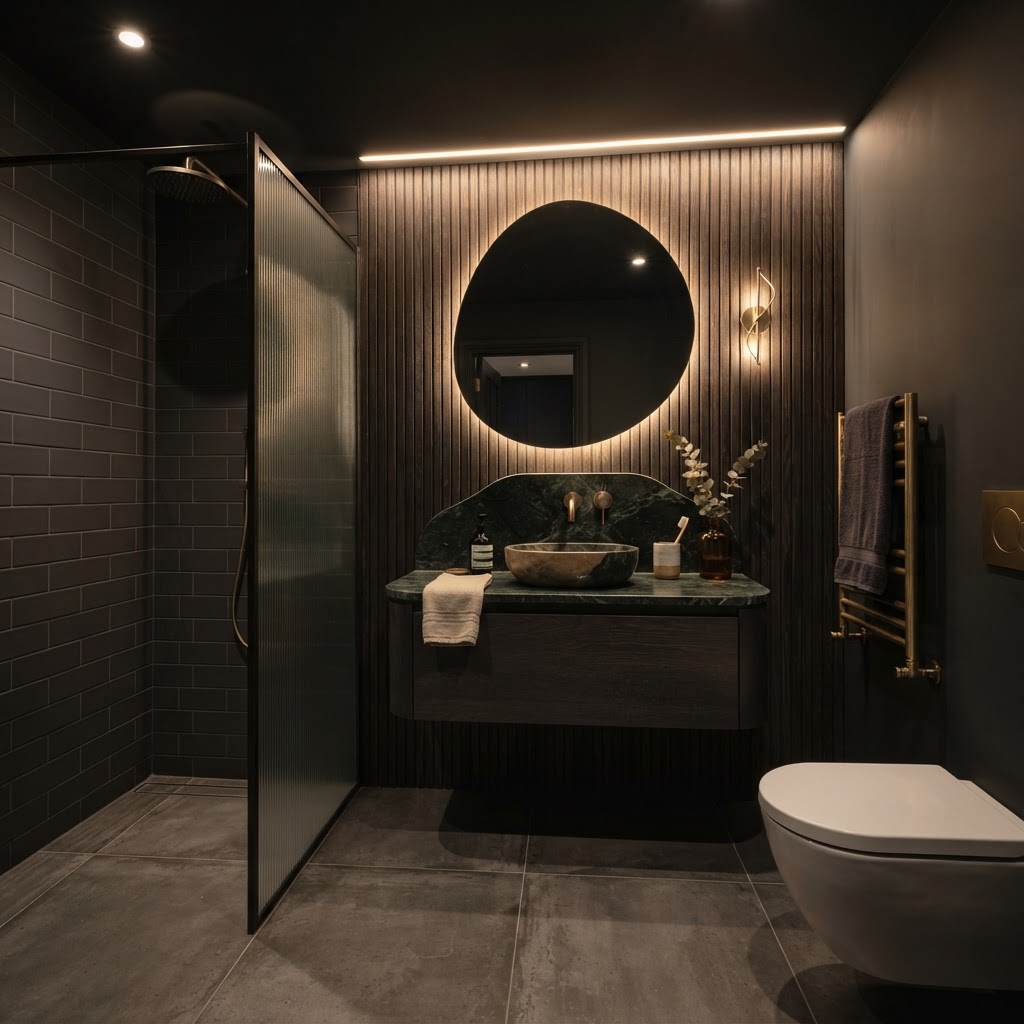 Small bathroom with striking vanity feature wall.