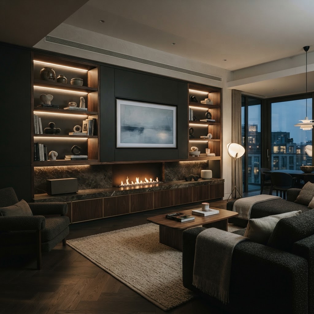 Premium media wall installation with integrated fireplace and storage