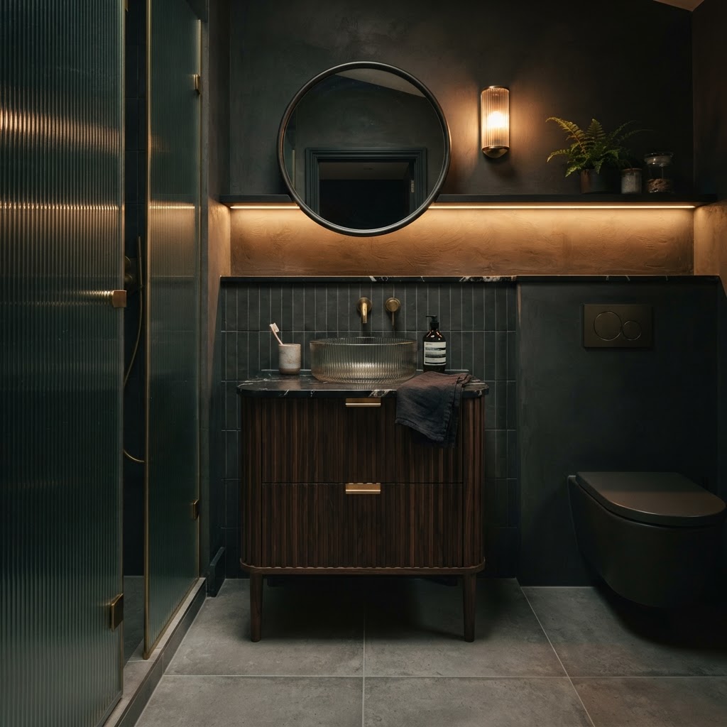 Stylish compact vanity in small bathroom.