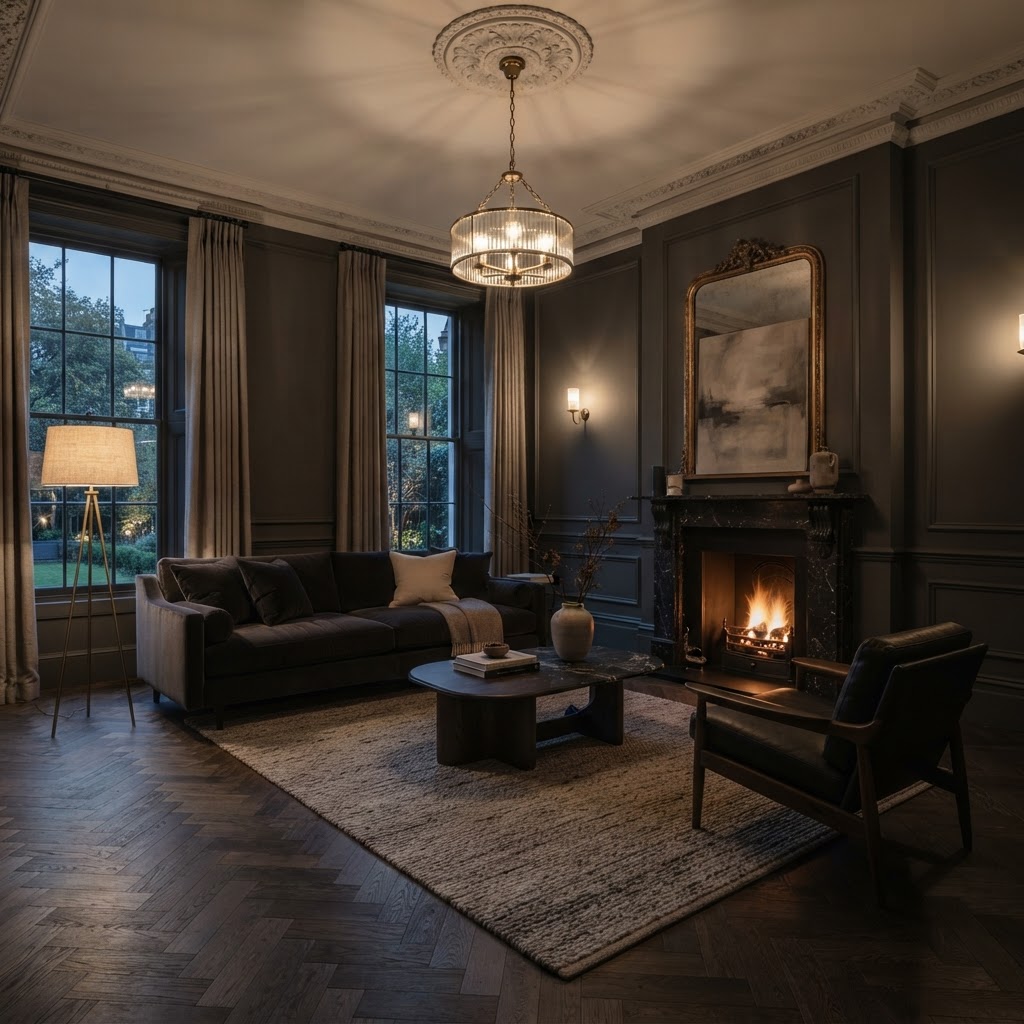Classic-contemporary room with refined decorative mouldings.