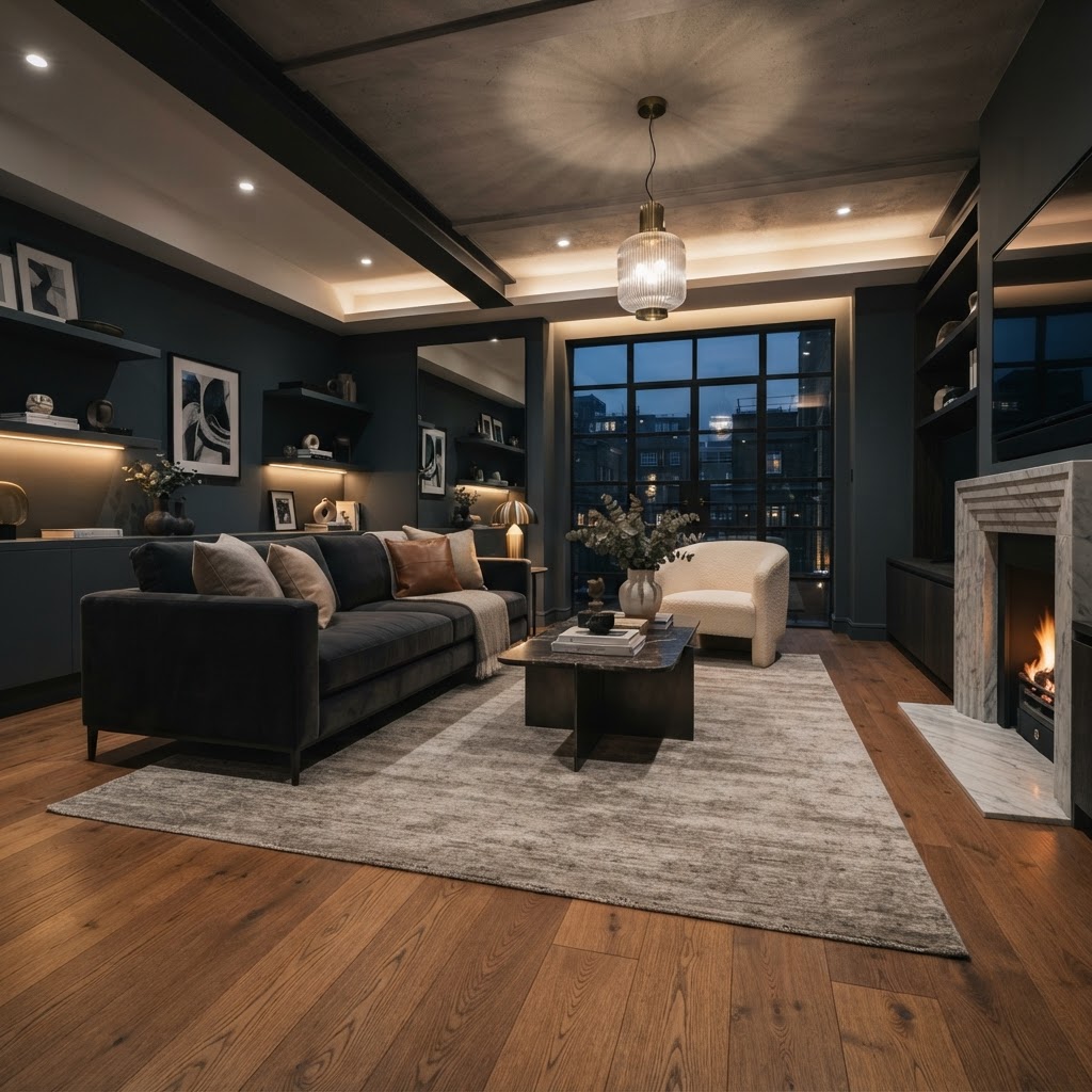 Medium warm timber floor with neutral furnishings.