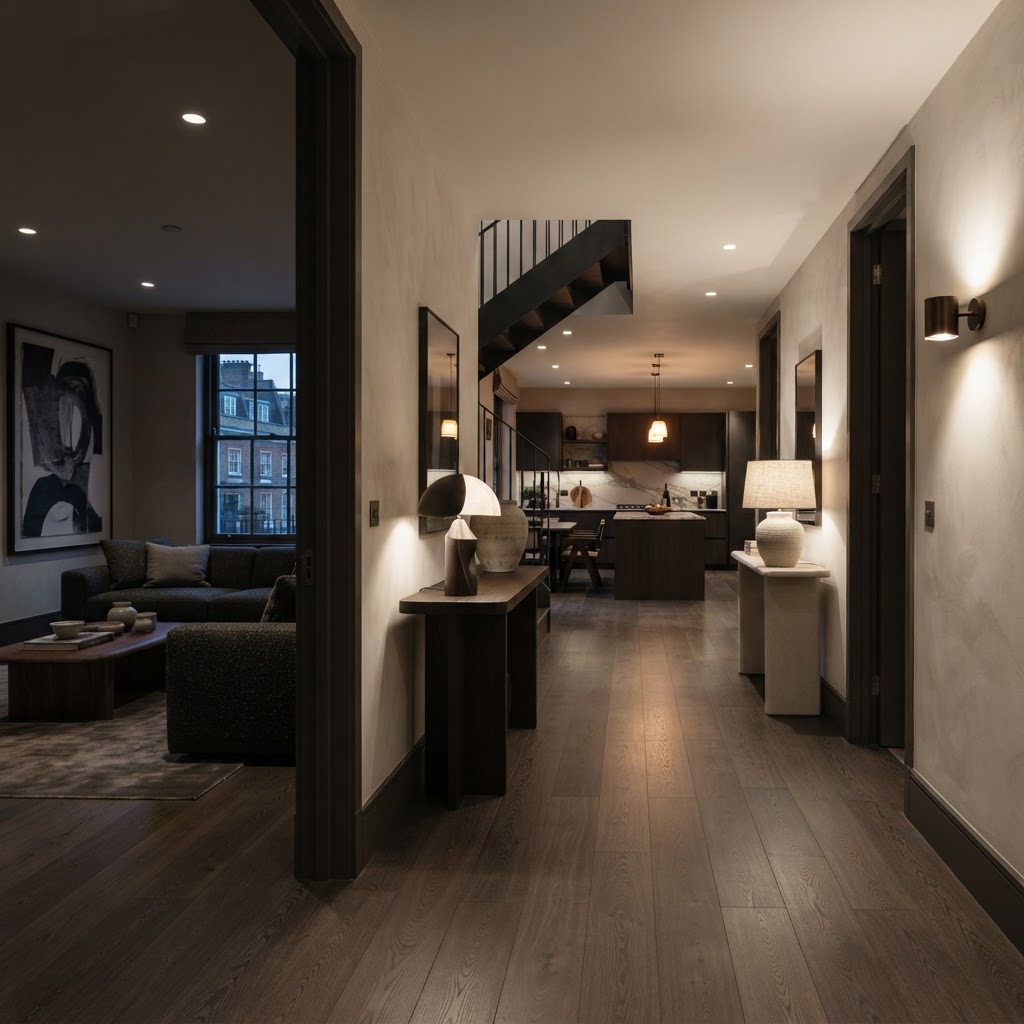 Same flooring across hallway and adjoining rooms.