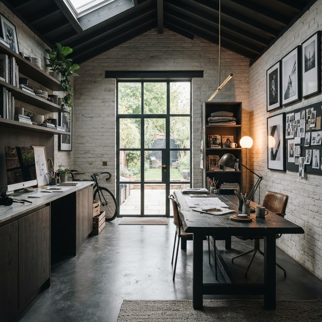 Bright creative studio in converted garage.